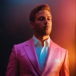 a man in a pink suit and white shirt