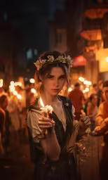 a woman holding a candle on a crowded street