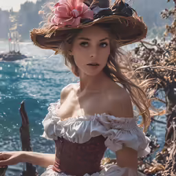 a woman in a dress with hat on