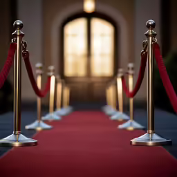 a red carpet has white barriers with red velvet