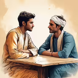 a painting of two men sitting at a table