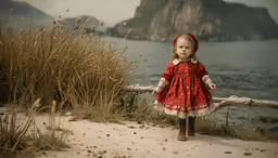 a small child in a red dress by a fence on the beach