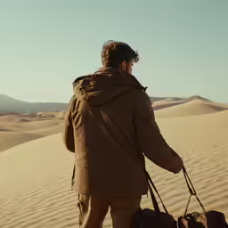 man in jacket with brown suitcase standing on the top of sand dune