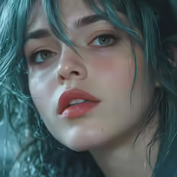 a woman with green hair is looking off in the distance