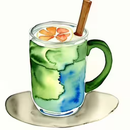 a watercolor painting of a drink with lemon slices on top,a glass cup filled with liquid and a cigarette