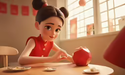 a little girl with a red dress and ponytail sits at a table in front of a pink pig
