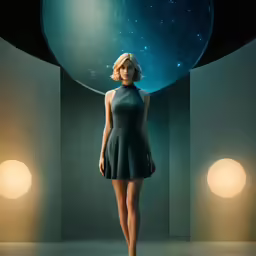 a woman is wearing a dress in front of large planets