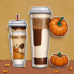 some pumpkin spice and coffee for breakfast,two iced pumpkins and a cup of coffee on the table