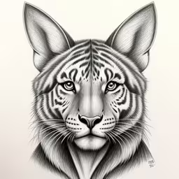 a drawing of a tiger in the middle of its head,an ink drawing of a tiger
