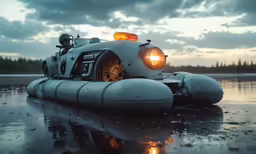a boat that has some lights on sitting in the water