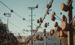 many objects that are on a pole on a street