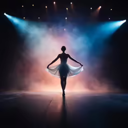 a woman in a black dress and a long skirt on a stage with lights behind her