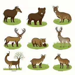 the different animals are standing on the grass,different kinds of deer are featured in this illustration