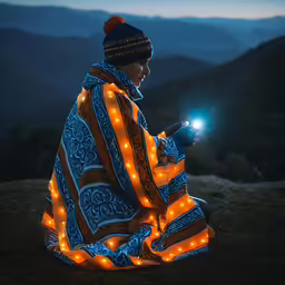 woman sitting on the ground with a bright light on her cell phone