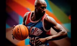 the man in the blue jersey has his basketball in hand