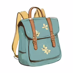 the blue and brown backpack has a brown strap on it