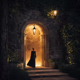 woman standing under arch in stone walled building with light at the entrance