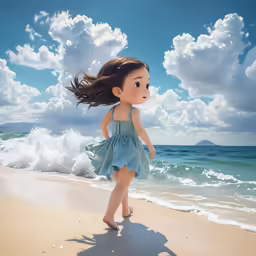 a little girl standing on top of a beach next to the ocean