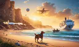 there is a dog running on the beach with an airplane in the sky,a large dog standing on top of a beach near the ocean