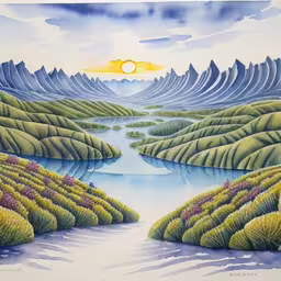 a painting of hills and rivers in a desert landscape,a painting of some hills and water with a sky in the background