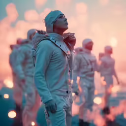 a person wearing all white walking in the rain