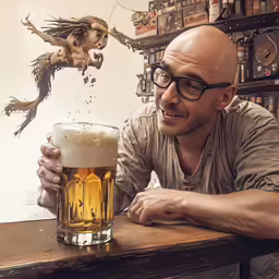 man sits at a bar with a beer in front of him