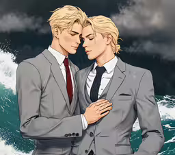 two men in suits are standing near the ocean,two young men with short hair in suits stand together over a stormy ocean