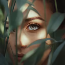 a woman with blue eyes hiding behind a plant