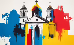 an art image featuring a church painted in vibrant colors