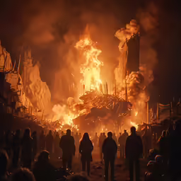 several people stand in front of a massive fire that is burning