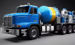 blue and yellow truck with large tanks on back,a large blue and yellow truck has a yellow cone