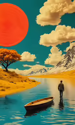 man walking into the water with a boat on the shore