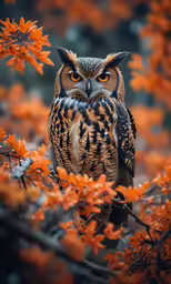 an owl sitting on a branch among some flowers