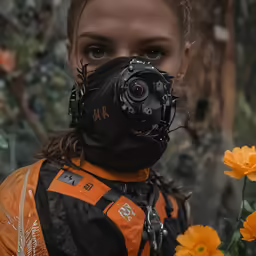 a woman with a machine helmet holding a camera