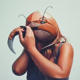 a woman is covering her face with a large bee mask