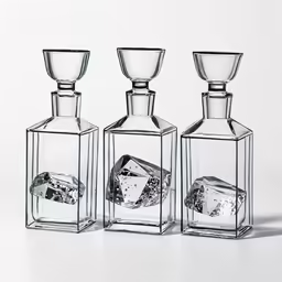 three glass bottles filled with ice and cubed crystals