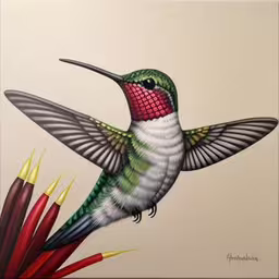 an oil painting of a hummingbird hovering over colorful flowers,a hummingbird with red, white and green wings on white