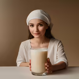 a woman in white holding up a glass of milk