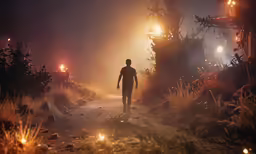 person walking down the path at night in the fog