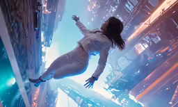 a woman in white on a futuristic city background