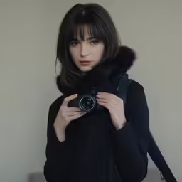 the woman is posing with her camera