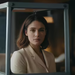 a woman wearing a tan coat stands in front of a window