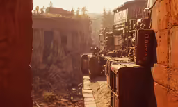 an alleyway with many pieces of luggage next to it