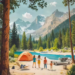 people standing around a camping table at a lake