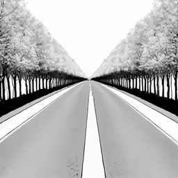 black and white photo of trees line the road