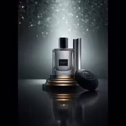 a bottle and soap dispenser with a black object
