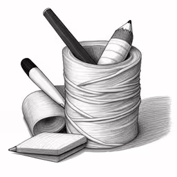 pencil and an eraser are in a jar,a pencil, paper and scissors are in a vase