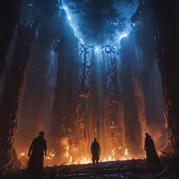 four people standing in front of fire with blue lights
