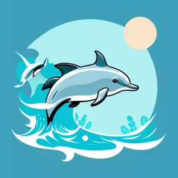 two dolphins are jumping out of the water,dolphin swimming above water in front of the sun