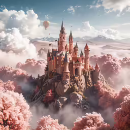 a surreal looking castle in the middle of clouds